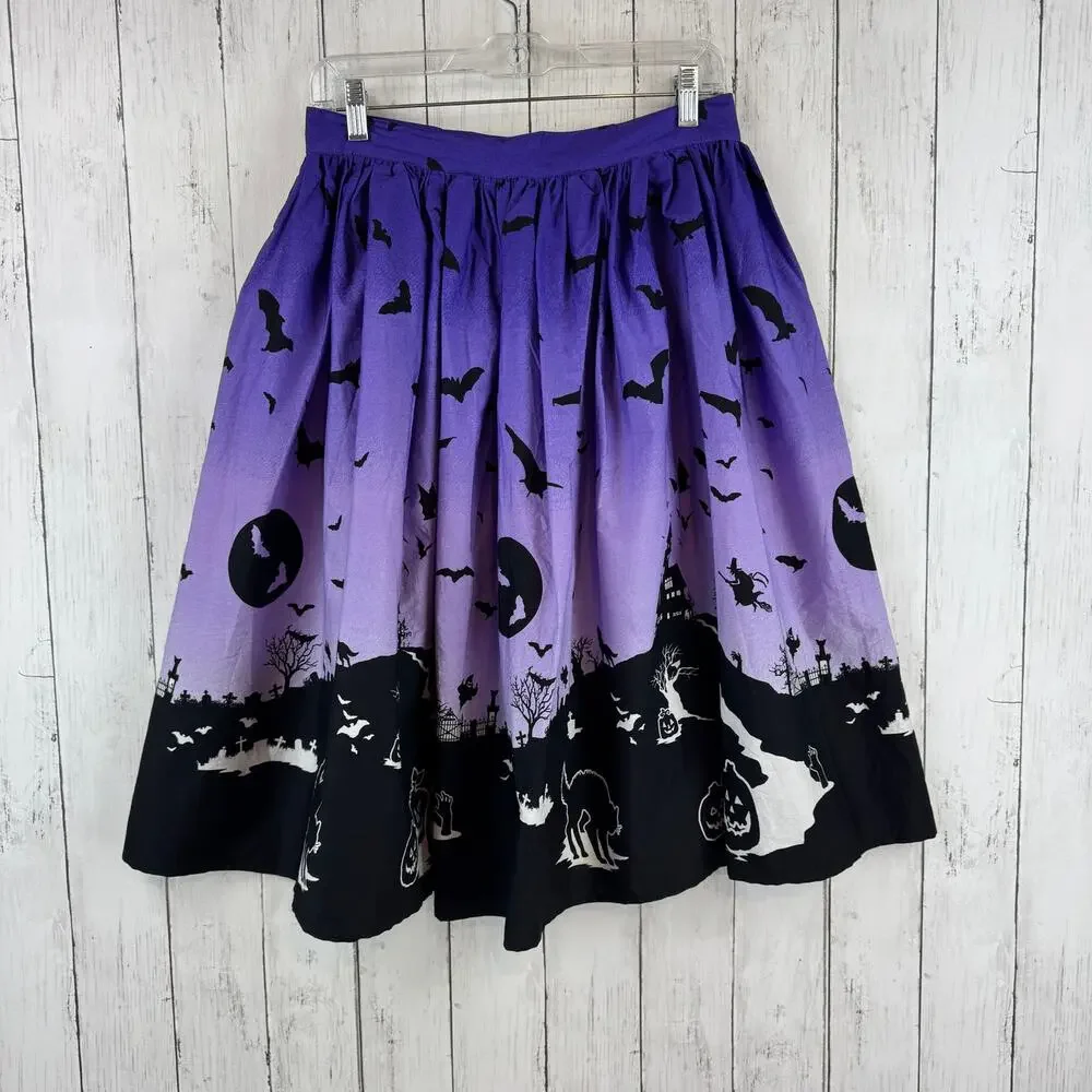 Hell Bunny Purple Halloween Goth The Haunt Graveyard Skirt Size Medium Cats